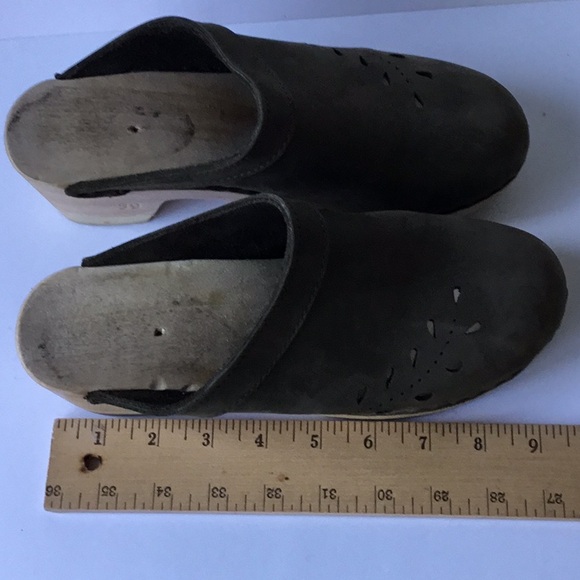 Woman Boho Olive Sage Suede Wooden Clogs size 39 - Picture 12 of 13